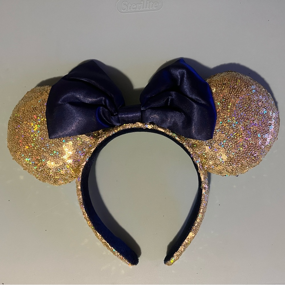 Disney Parks Navy Blue Bow & Gold Sequin Snow White Minnie Mickey Ears Headband🐭
